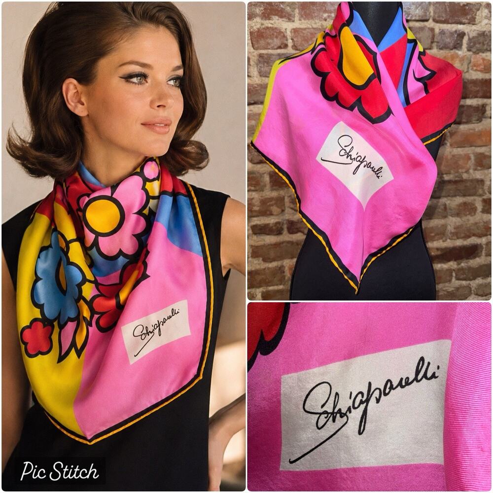 Vintage Schiaparelli Silk Scarf 28x28 Mod Floral Pop Art 60s 70s Colorblock EUC
